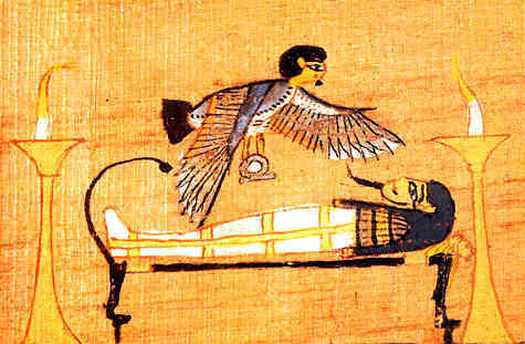 Picture of the Ba over a mummy in a tomb