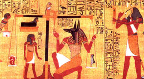 Papyrus of Ani Book of the Dead - Baboon sat on top of the scales whilst Thoth, the scribe takes notes